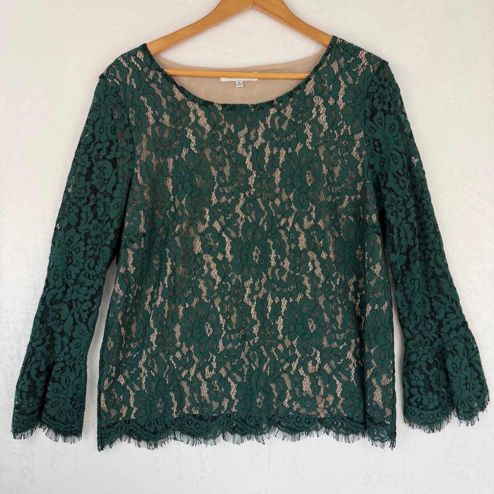 Rose + Olive Forest Green Cottagecore Floral Lace Romantic Bell Sleeve Blouse XL